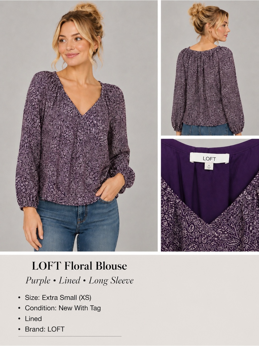 LOFT Purple Floral Paisley V-Neck Blouse XS NWT Lined Long Sleeve